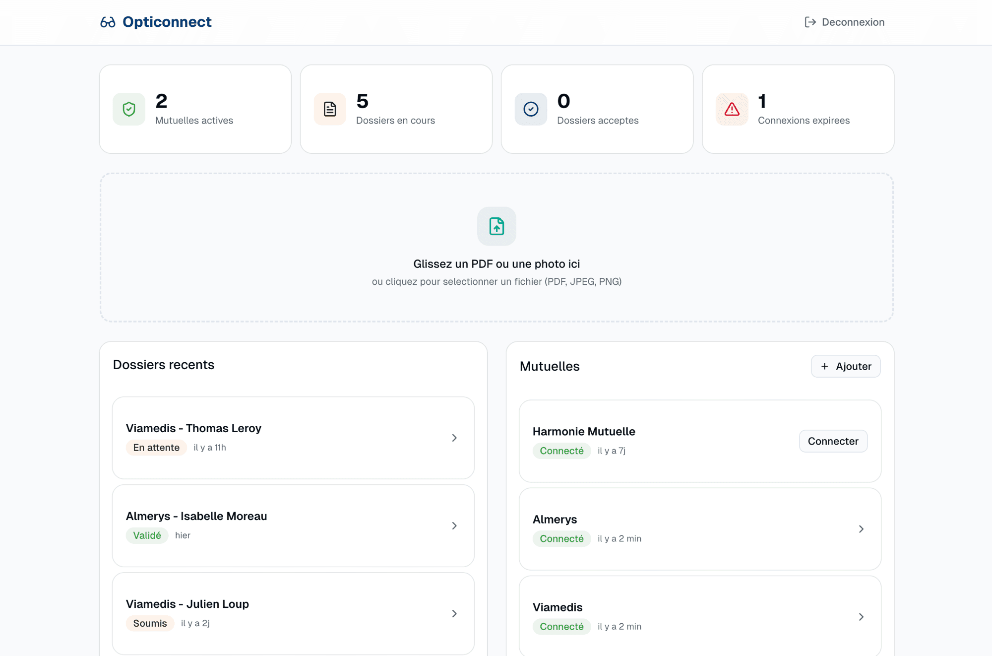 Tableau de bord Opticonnect — dossiers récents, mutuelles connectées, statistiques