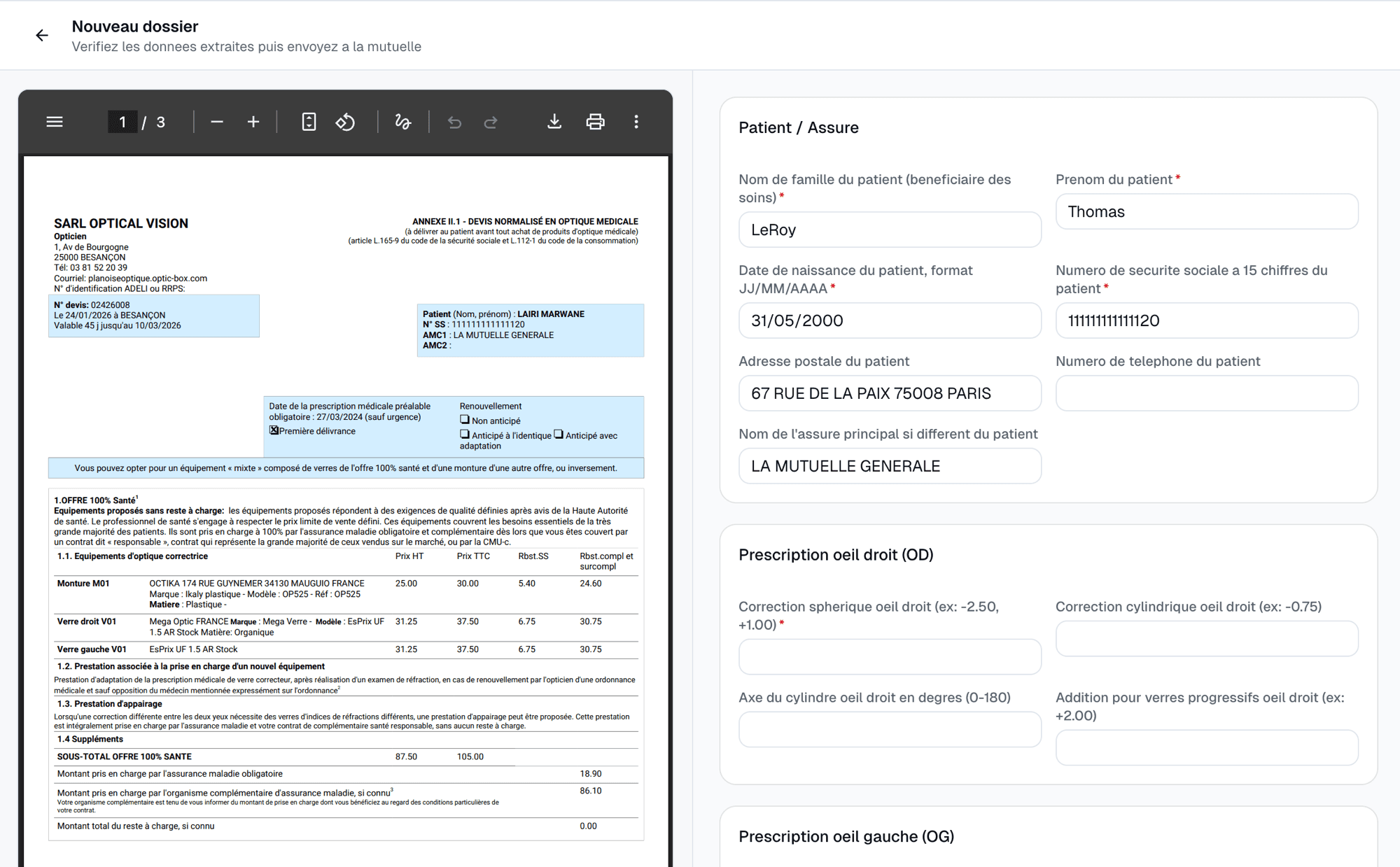 Page de validation Opticonnect — aperçu PDF et formulaire pré-rempli par l'IA
